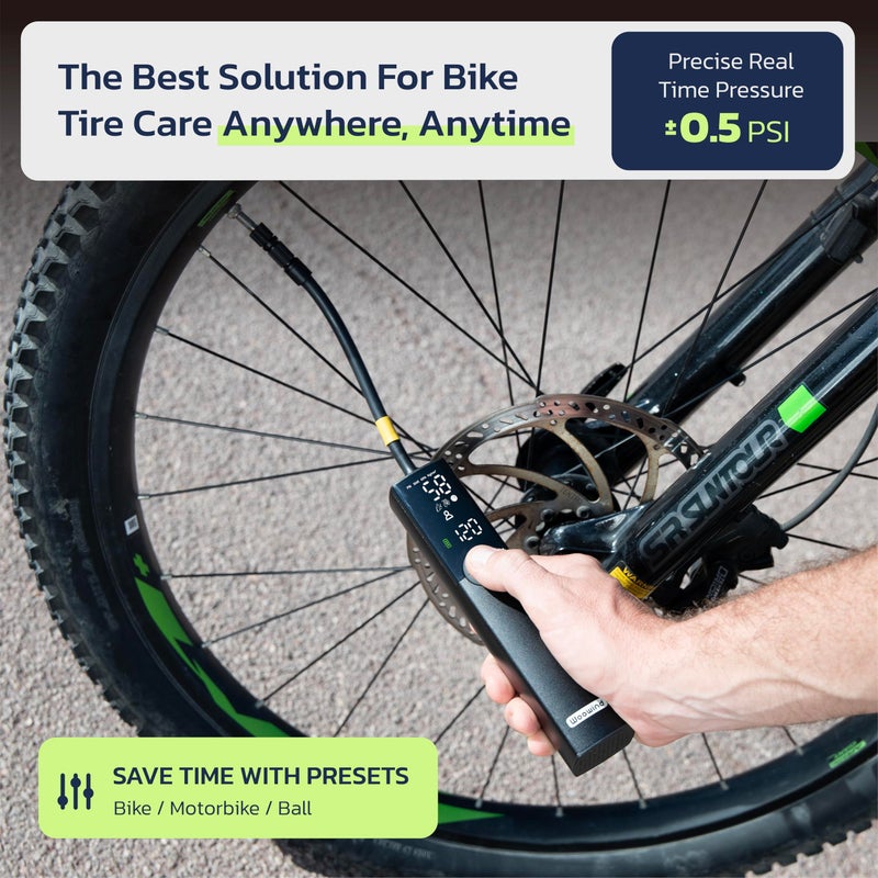 Woowind BP188 Bike Pump, The Pro Electric Bicycle Pump Tire Inflator Portable Air Compressor with Schrader, Presta and Dunlop Valve Adapters - 120 PSI (Black) - Image 2